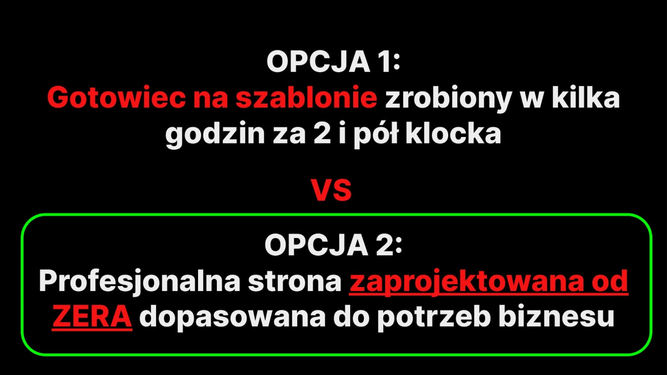 "OPCJA 1: Gotowiec na szablonie" kontra "OPCJA 2: Profesjonalna strona zaprojektowana od zera". Wygrywa opcja druga.