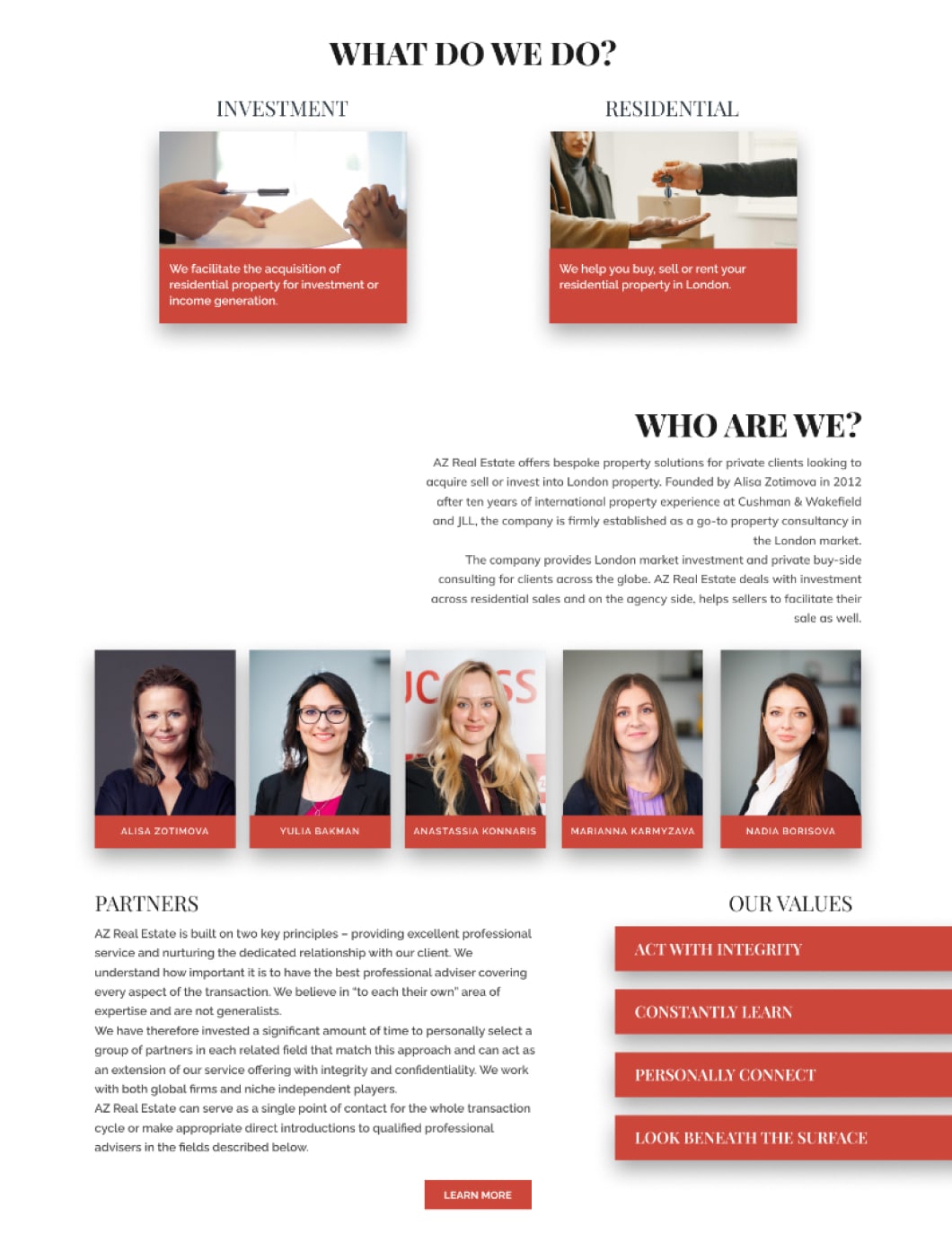 Zmodernizowany projekt strony internetowej biura nieruchomości AZ Real Estate, sekcja zawierająca długie teksty i zdjęcia