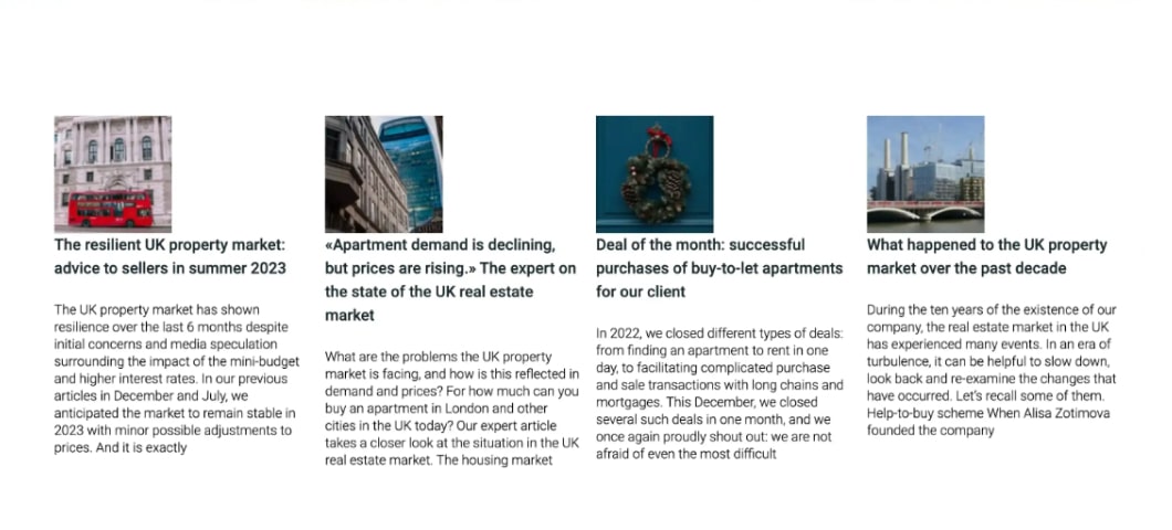 Stara wersja strony internetowej biura nieruchomości AZ Real Estate, sekcja zwierająca posty z bloga