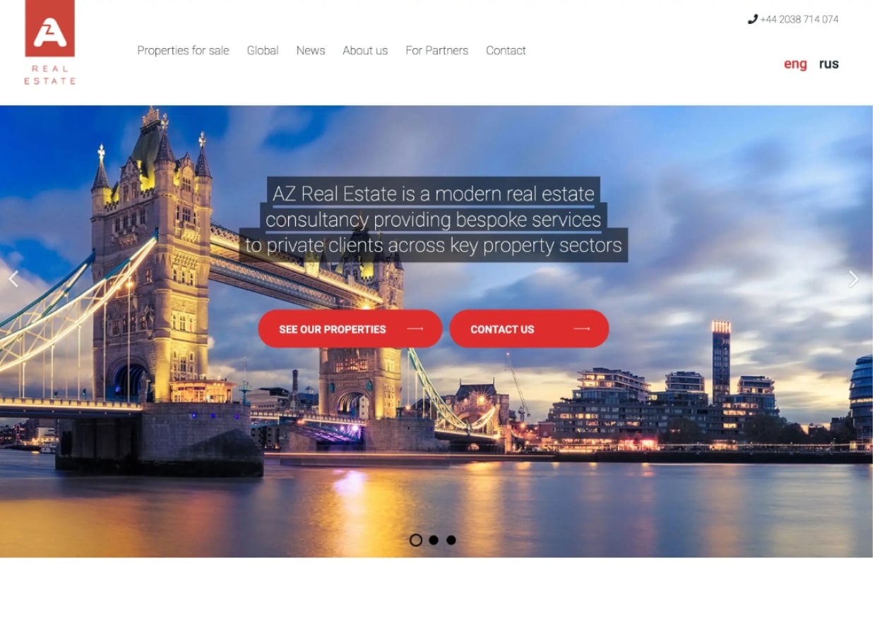 Stara wersja strony internetowej biura nieruchomości AZ Real Estate, sekcja hero