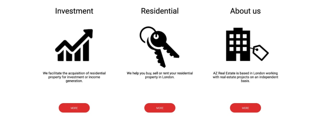 Stara wersja strony internetowej biura nieruchomości AZ Real Estate, sekcja zawierająca ikonki i teksty