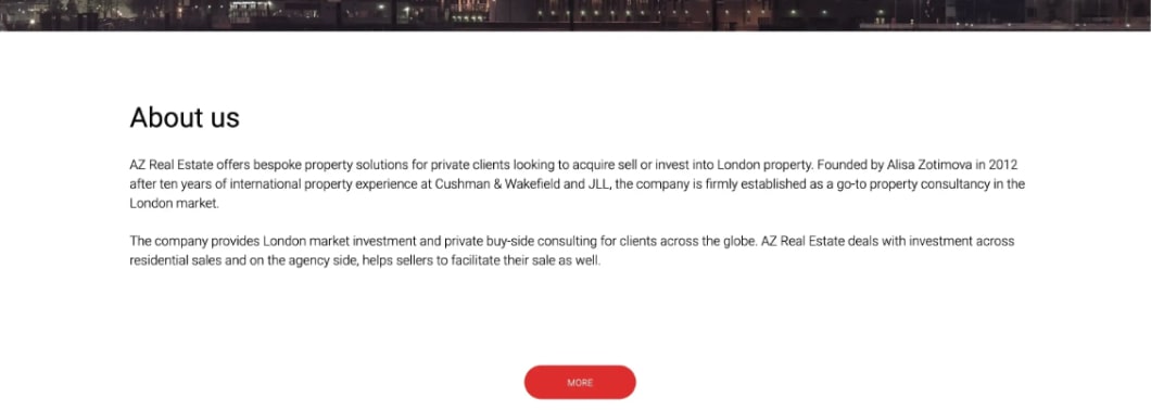 Stara wersja strony internetowej biura nieruchomości AZ Real Estate, sekcja o nas
