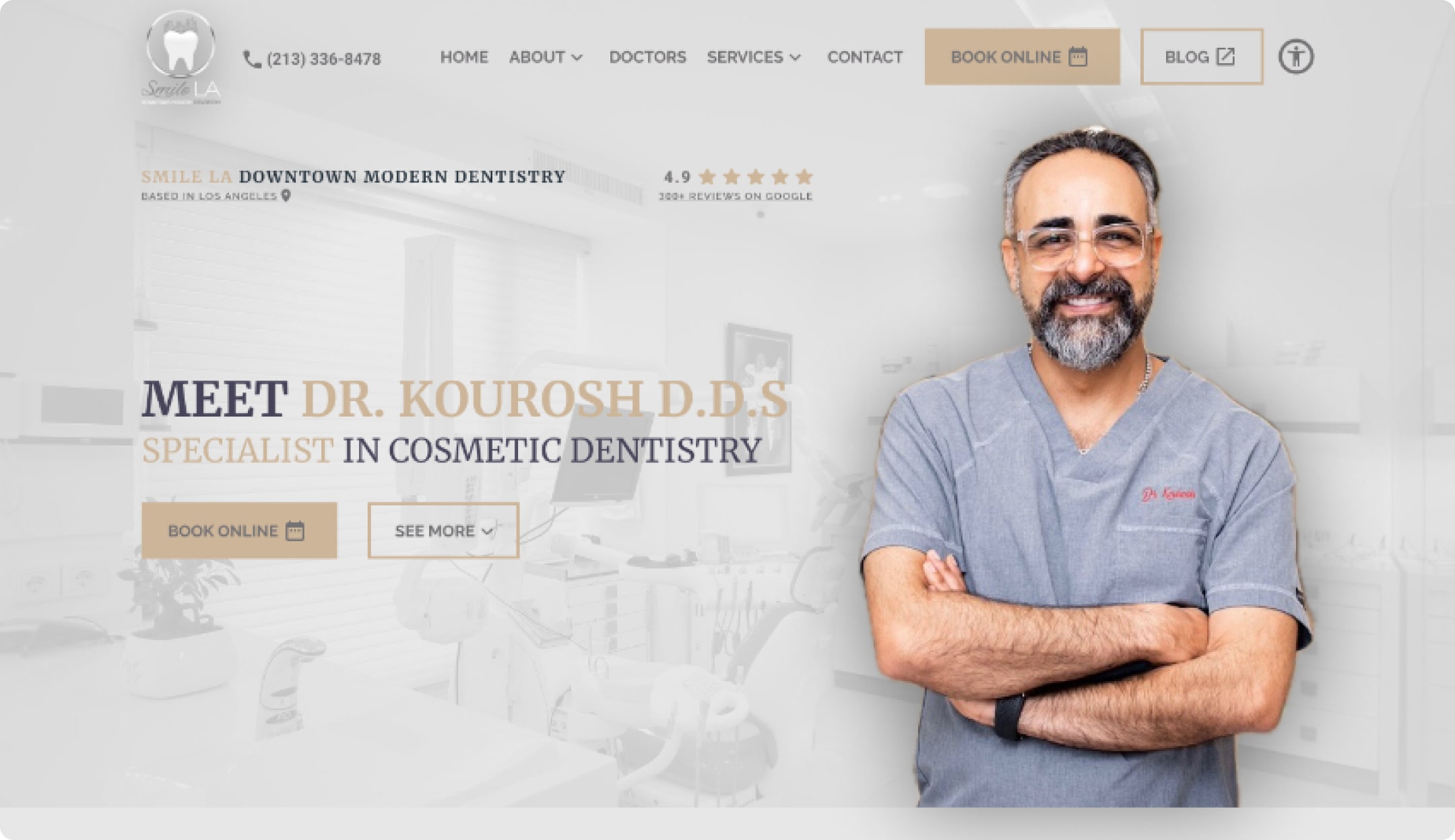 Zmodernizowany projekt strony internetowej kliniki dentystycznej Smile LA, sekcja hero