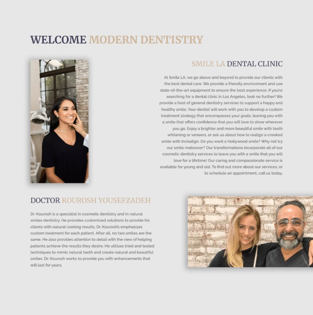 Zmodernizowany projekt strony internetowej kliniki dentystycznej Smile LA, sekcja zawierająca teksty i zdjęcia
