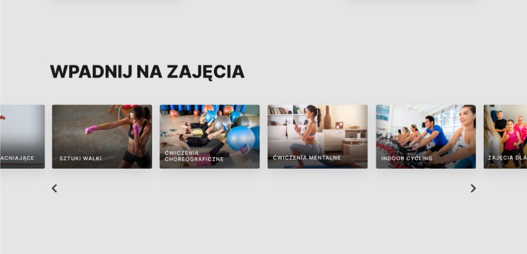 Zmodernizowany projekt strony internetowej siłowni Strefa Fitness, sekcja przedstawiająca zajęcia