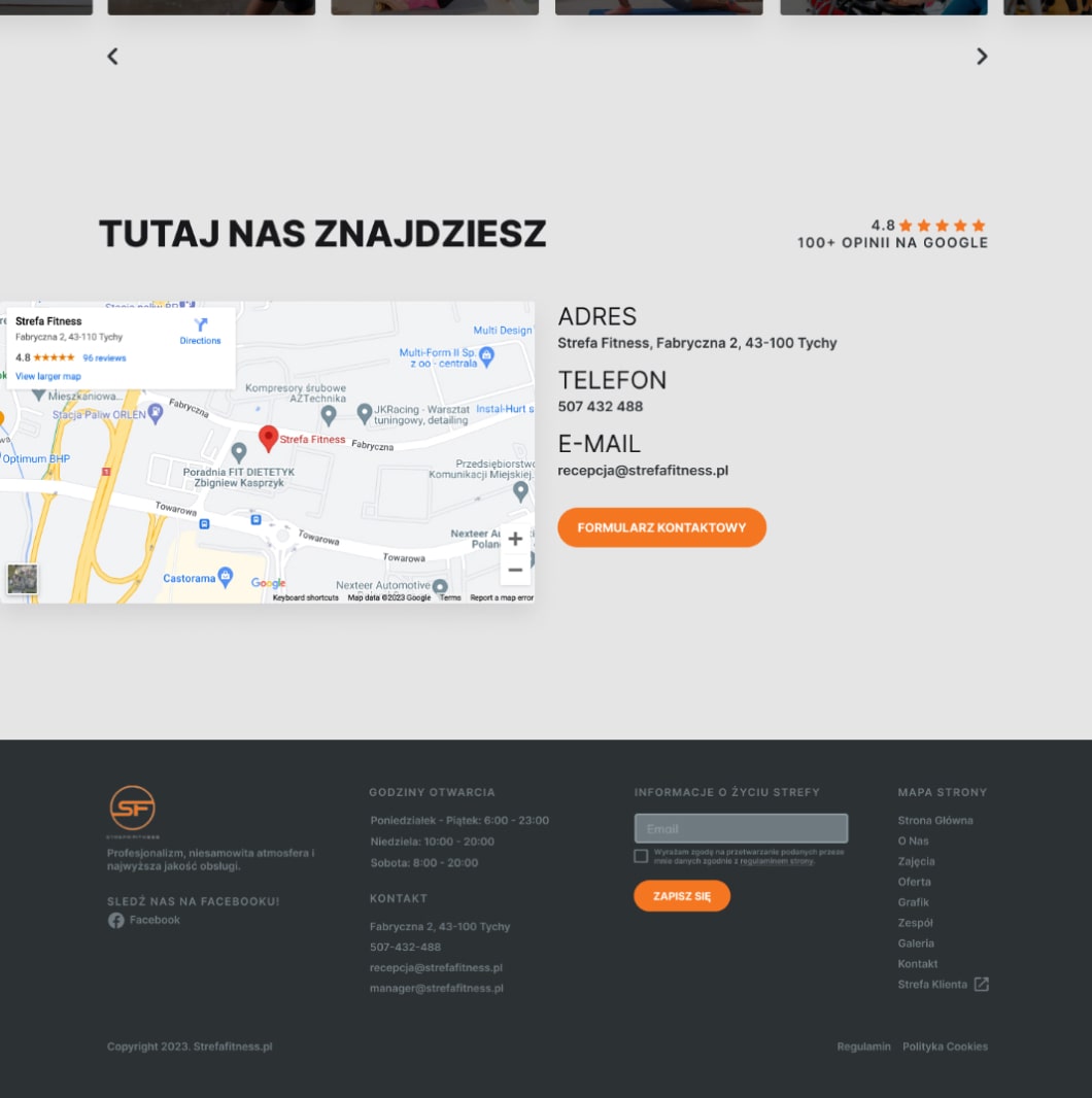 Zmodernizowany projekt strony internetowej siłowni Strefa Fitness, stopka