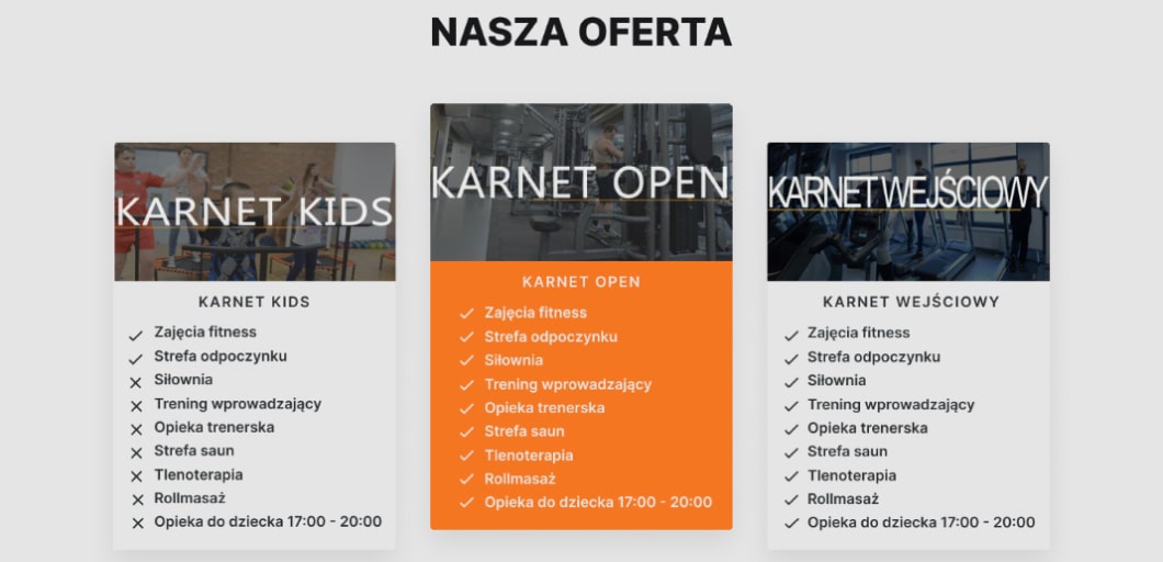 Zmodernizowany projekt strony internetowej siłowni Strefa Fitness, sekcja przedstawiająca ofertę