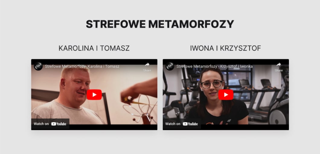 Zmodernizowany projekt strony internetowej siłowni Strefa Fitness, sekcja metamorfoz