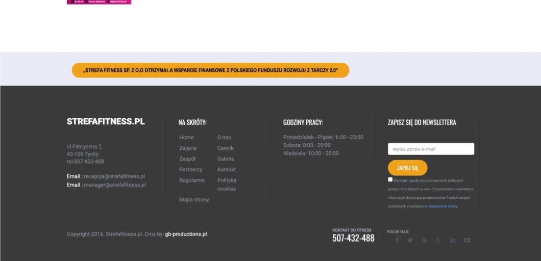 Stara wersja strony internetowej siłowni Strefa Fitness, stopka