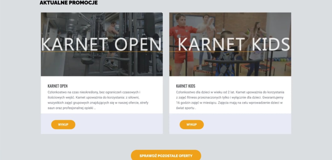 Stara wersja strony internetowej siłowni Strefa Fitness, sekcja przedstawiająca ofertę